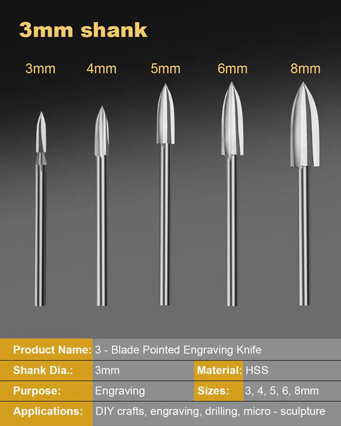 Five Piece HSS Wood Drill Bit Set With 1/8 Inch Shank, Three Edge Spiral Bits For Rotary Tools, sizes 3-8mm displayed