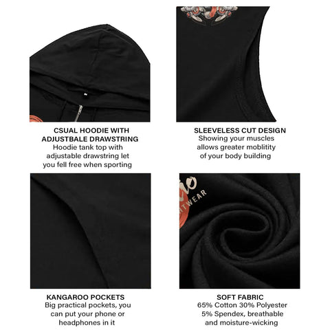 Mens Sleeveless Hoodie With Moisture Wicking Tech Quick Dry Mesh Muscle Shirt Built For Daily Grind And Heavy Workouts showing adjustable drawstring and soft fabric.
