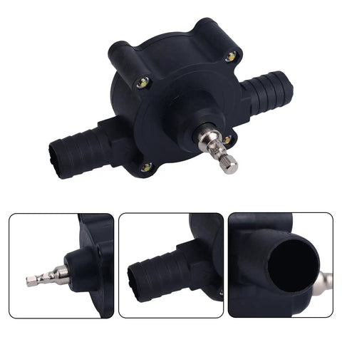 Electric Drill Powered Water Transfer Pump Kit with durable, compact design for fluid transfer, black plastic material, DIY friendly.
