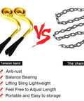 Front view: yellow lifting straps on the left and a metal chain on the right with a red VS between.