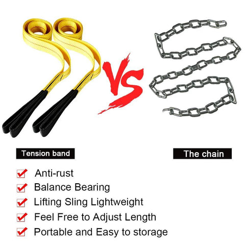 Front view: yellow lifting straps on the left and a metal chain on the right with a red VS between.