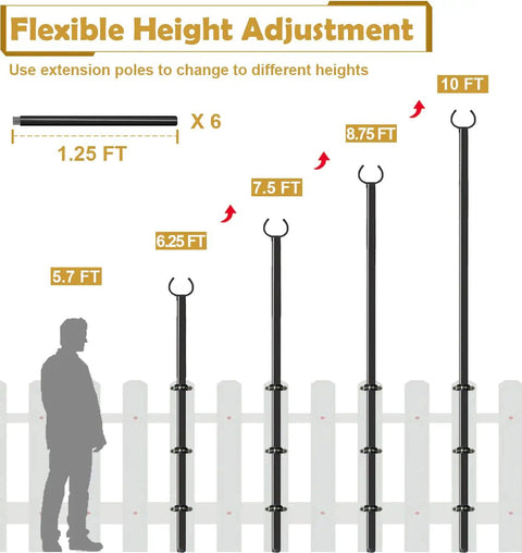 Adjustable 10 Ft Outdoor String Light Pole Stand for deck fence or patio railing with height options and installation guide.