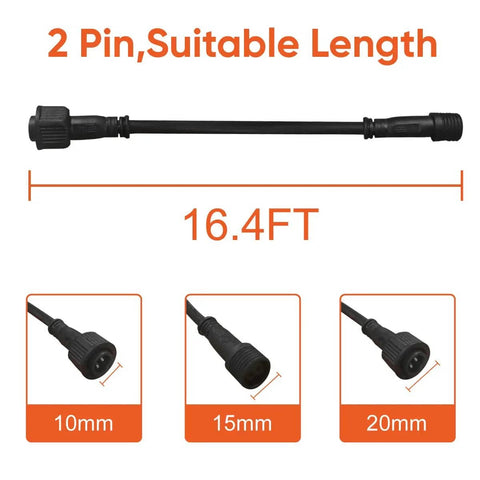Solar Extension Cable 5m 16.4 Ft Two Core With Plug Waterproof IP65 for outdoor solar lights, close-up on connectors and lengths