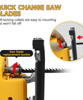 Heavy Duty Cordless Electric Jigsaw Cuts Wood And Steel Like Butter With Zero Stress Easy Peasy Controls showing quick change saw blade feature.