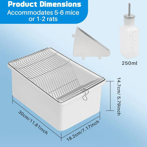 2 Pack Heavy Duty Lab Mouse And Rat Cages With Stainless Steel Mesh Lids showing dimensions, water bottle, and small animal housing features.