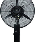 Heavy Duty Industrial Misting Fan Slick Oscillating Fan Noiseless High Velocity Air Circulator angled view with blades and pedestal.