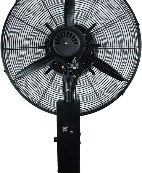 Heavy Duty Industrial Misting Fan Slick Oscillating Fan Noiseless High Velocity Air Circulator angled view with blades and pedestal.