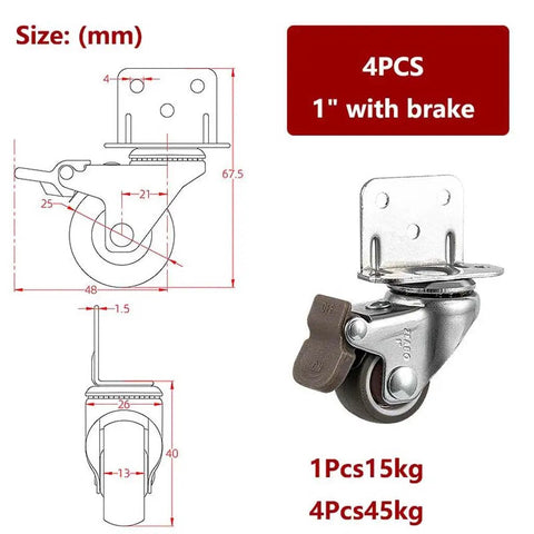 Smooth Rolling Retractable Casters With Brake 1 Inch Heavy Duty Rubber Wheels Scratch Free Glide L Brackets with sizes displayed