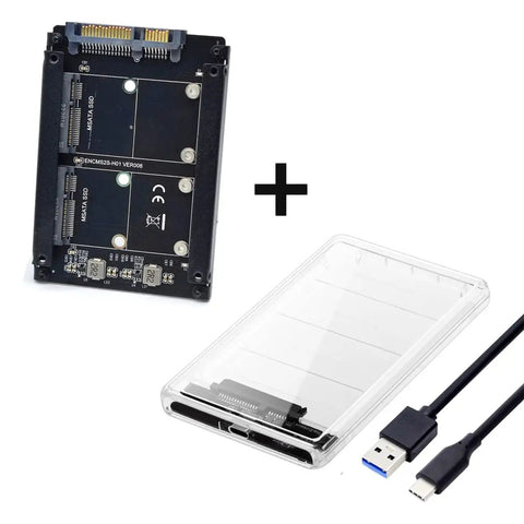 Dual Msata To Type C Storage Bridge Featuring Raid Zero And Jbod Mode with USB Type C cable and transparent adapter case.