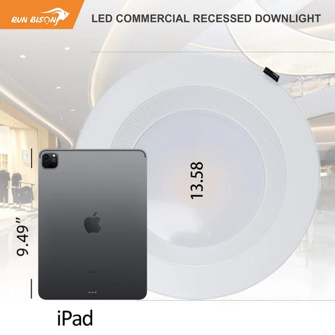12 Inch Canless LED Recessed Downlight With Junction Box size comparison to iPad, showing diameter and design features.
