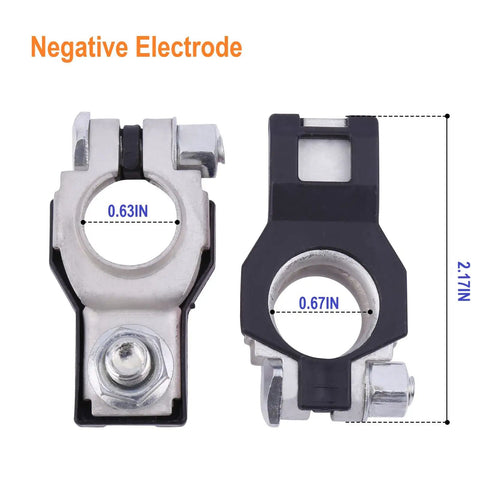Rock Solid Battery Terminal Connectors one pair negative and positive top post design, sizes 0.63in and 0.67in, copper tinned shell.