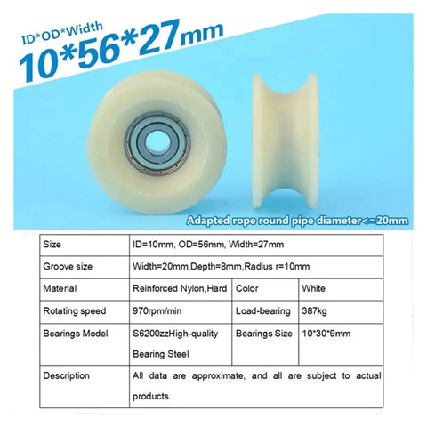 Badass U Groove Roller For Sliding Gate Caster Rock Solid Nylon Steel Pulley System Seriously Smooth Wire Rope Glide shown from front and side, size 10*56*27mm.