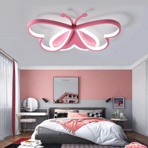 Pink Butterfly LED Ceiling Light Fixture For Kids Room Modern Flush Mount Dimmable With Remote 36W 110V in bedroom setting