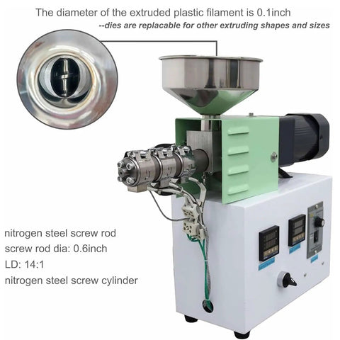 Close-up of Heavy Duty 3D Printer Filament Extruder Machine With Smooth Adjustable Temperature Control showing screw rod and nozzle.