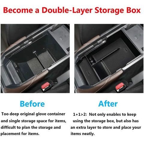 Mazda CX30 Center Console Organizer Tray And Armrest Storage Box Compatible With 2020 2021 2022 2023 2024 2025 2026 shown before and after installation