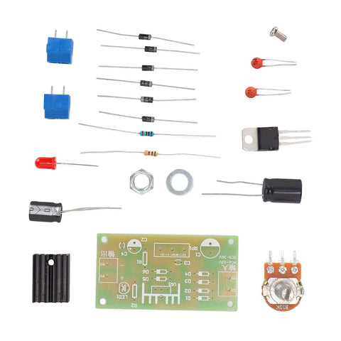 Built Tough Lm317 Adjustable Regulated Power Supply Kit With Ac Dc Input And 2200Uf Filter Cap In Rugged Abs Box components laid out on a white background.