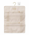 Mesh Hanging Closet Organizer And Polyester Bra Underwear Storage Hanger Ultra Slim Vertical Lingerie Bag in beige 19x15 inch size.