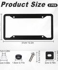 Top Notch Black License Plate Frames Two Pack With Hardcore Stainless Steel Construction And Rock Solid Rattle Free Fit Plus Full Mounting Kit For Street Ready Rides product size illustration with dimensions and mounting accessories