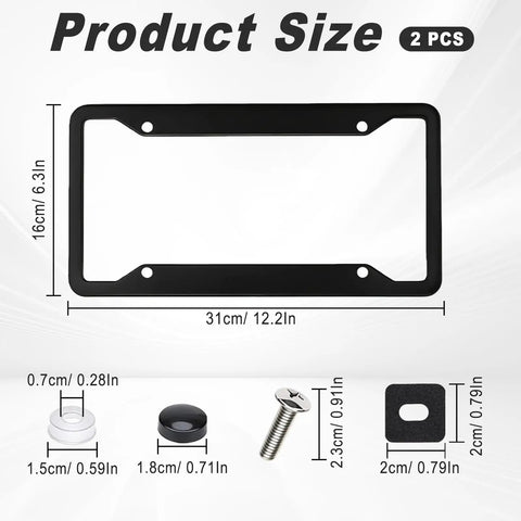 Top Notch Black License Plate Frames Two Pack With Hardcore Stainless Steel Construction And Rock Solid Rattle Free Fit Plus Full Mounting Kit For Street Ready Rides product size illustration with dimensions and mounting accessories