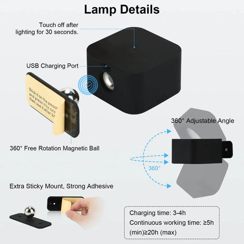 Cordless Black LED Wall Sconces With Remote And Touch Dimmer Battery Operated Reading Lights Rechargeable Dimmable Wall Mount Lamps No Wiring Required Easy Install Pack Of 2 showing charging port and adjustable angle