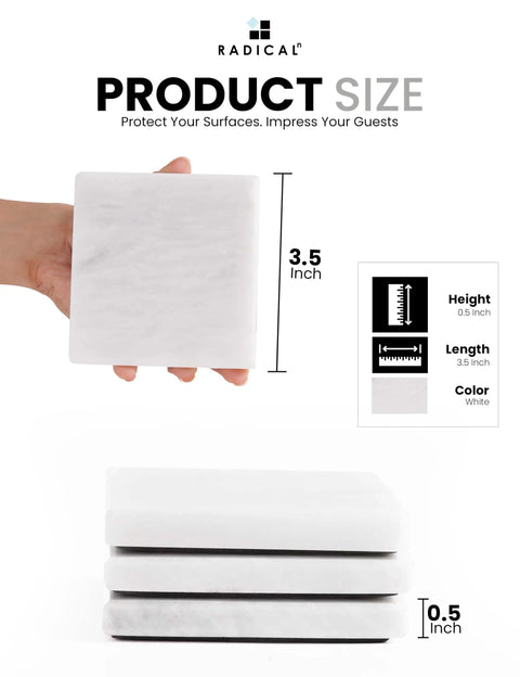 Solid White Square Marble Coasters Set Of Six, Polished Drink Pads For Dining Tables And Coffee Bars, Legit Natural Stone Home Accessories With Modern Minimalist Vibes, 3.5 inch coasters held in hand.