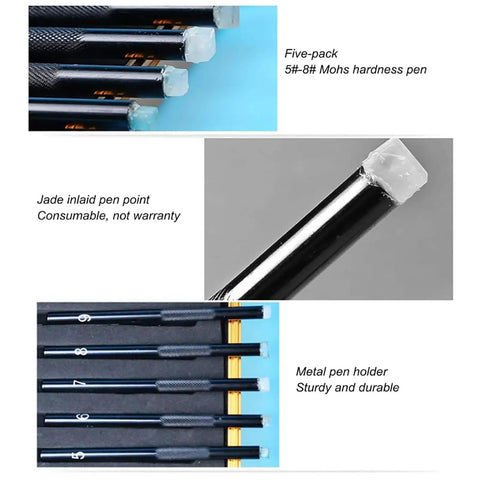 Five Pack Mohs Hardness Tester Kit With Crystal Tips For Quick Mineral Identification And Jewelry Gem Testing 5 To 9 Scratch Scale Pro Grade Industrial Tool For Jade Quartz Topaz And More, five black pens