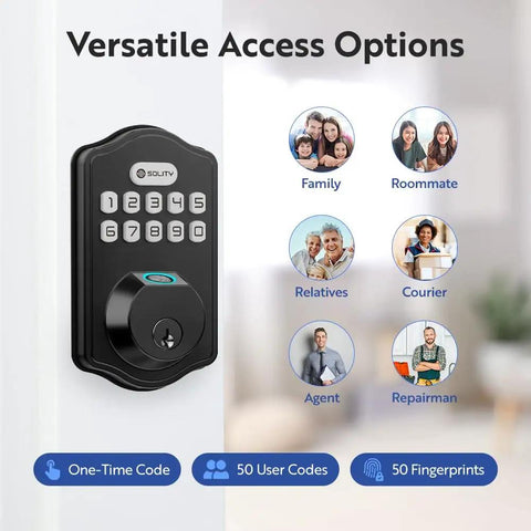 Smart Digital Deadbolt With Keyless Entry And Fingerprint Access No Key Fumble Auto Lock 50 Custom Codes And Biometric Guests Easy Installation For Front Or Back Doors Weatherproof Matte Black AT10 Secure Convenient Home Entry on door showing keypad and fingerprint sensor.