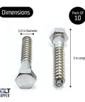 Beefy Stainless Lag Bolts For Wood Half Inch By Three Inch Hex Head Screws 304 Stainless Steel 18 8 Plain Finish, 10 Pack