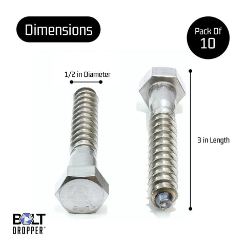 Beefy Stainless Lag Bolts For Wood Half Inch By Three Inch Hex Head Screws 304 Stainless Steel 18 8 Plain Finish, 10 Pack