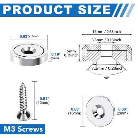 Product size chart for Heavy Duty Badass Neodymium Ultra Rare Earth Cup Magnets With Steel Caps 20 Pound Pull Force.