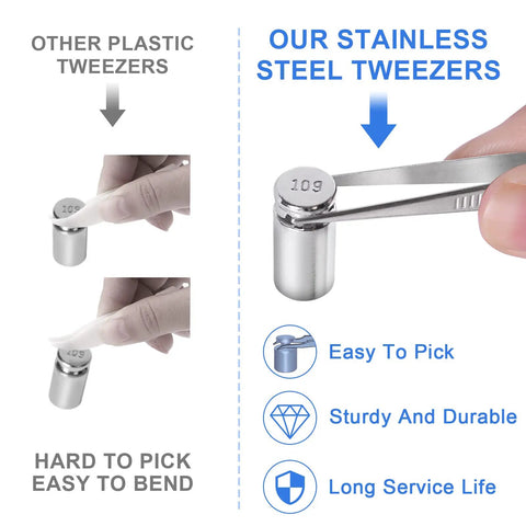 Comparison of plastic tweezers and stainless steel tweezers holding 10g weight, part of M1 Class 9 Piece Pro Grade Stainless Steel Calibration Weight Kit 210g Set With 1g 2g 5g 10g 20g 50g 100g For Digital Scales Jewelry Scales Gram Scales Includes Storage Case And Tweezers.
