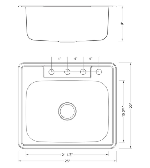 Technical diagram of Single Bowl Stainless Steel Kitchen Sink 25 By 22 By 9 Inches Top Mount Drop In With Strainer And Dish Rack