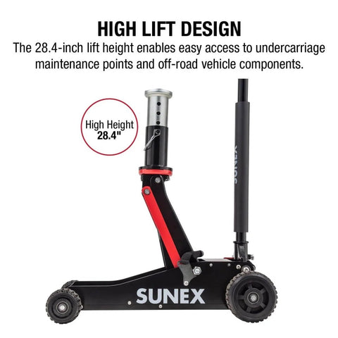 Side view of 2 Ton Off Road Jack With 28.4 Inches Lift Height, Rapid Rise Mechanism, steel-aluminum hybrid build.