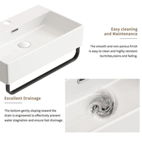 HAOCHRYSYPH Ceramic Wall Mount Sink with Towel Rack, Milk White, 23.63 in. showing easy cleaning and drainage features.