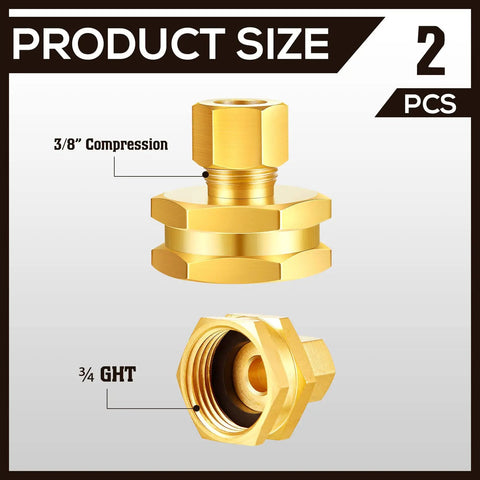 Two Pack Heavy Duty Brass Garden Hose Adapters Set Three Eighths To Three Quarters Of An Inch Female To Female Swivel Compression For Outdoor Watering Car Washing And Garden Irrigation, 3/8 compression to 3/4 GHT