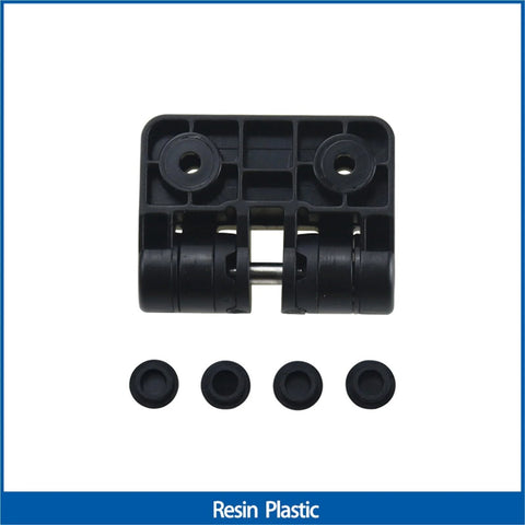 Front view of black resin positioning torque hinge with four circular end caps.