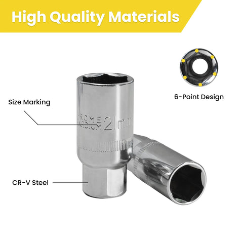 Two CR-V steel sockets showing size marking and 6-point design, part of the Three Eighths Inch Drive Impact Socket Set, 30 Piece Metric Deep And Shallow Socket Kit With Storage Case, Garage Ready Mechanics Tool Set For Cars Motorcycles And Bicycles, Includes Extension Bar And Universal Joint.