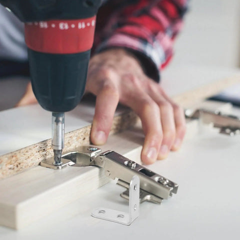 16Pc L Shaped Corner Brackets for Cabinets and Tables installation with drill, cold rolled steel right angle joints