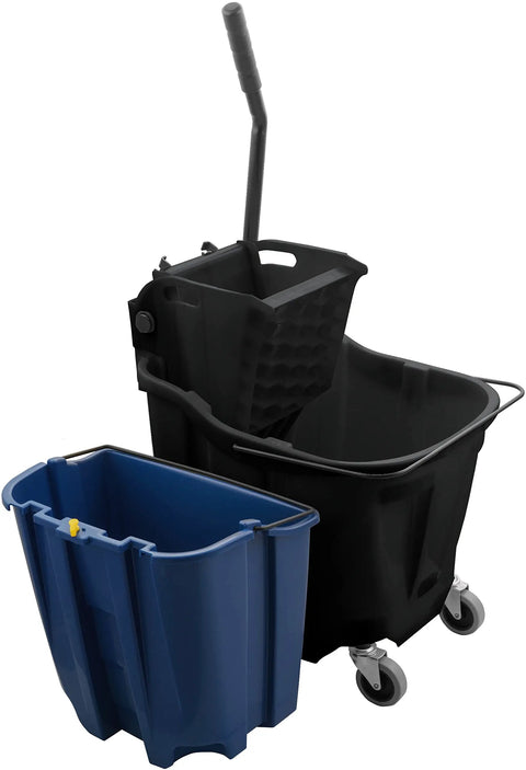 Omnifit Mop Bucket With Side Press Wringer And Soiled Water Insert For Floor Cleaning In Commercial Kitchens Restaurants And Janitorial Use 35 Quart Black Built Tough Pro Grade Heavy Duty showing bucket with blue insert