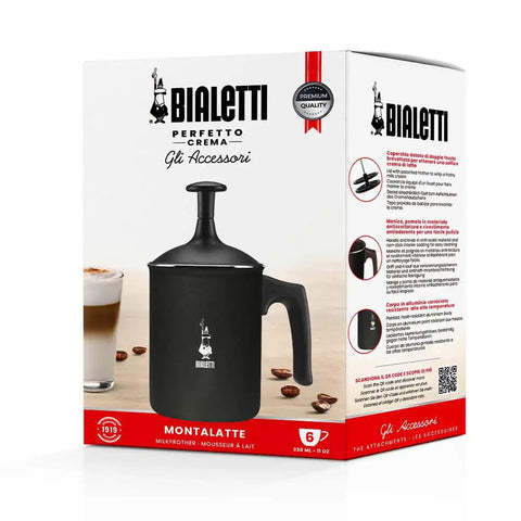 Tutto Crema Milk Frother Black Barista Grade, 1L Capacity, 6 Cups, with packaging showing product features