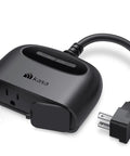 Heavy Duty Outdoor Wi-Fi Smart Plug With Dual Sockets, black power strip with dual socket and weather-resistant design.