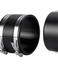 Kickass Quick Disconnect Zero Sweat Install 4 Inch Heavy Duty Steel Dust Collection Hose Clamp Flex Cuff Shop Floor Dust Control Clutch Smooth Swap Connector Set Of Two close-up of two steel dust hose clamps with locking screws