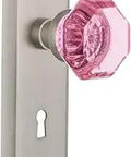 New York Plate With Keyhole Passage And Waldorf Pink Door Knob Set In Satin Nickel Two And Three Quarters Inch Backset Solid Forged Brass