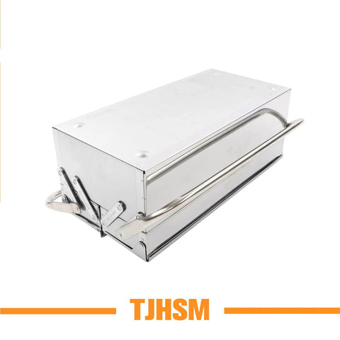 Solid Workhorse Folding Stainless Steel Toolbox With Three Spacious Tiered Trays And Reinforced Carry Handle, compact design, side view.
