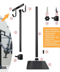 Components of Heavy Duty Bike Floor Stand For Indoor Garage Upright Storage Rack With Adjustable Rubber Hooks For Road Mountain And EBikes Sturdy 38mm Steel Pillar And Weighted Base Includes Multi Function Repair Tool And Chain Plier displayed