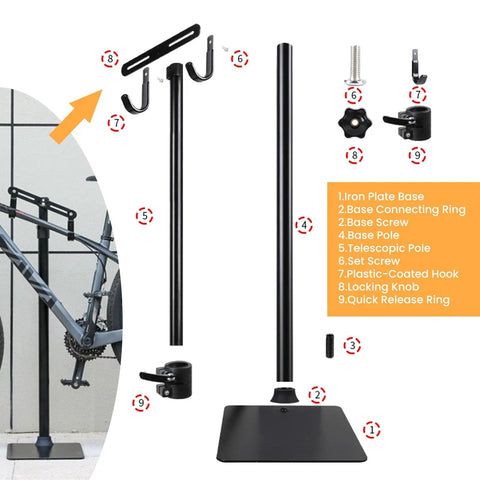 Components of Heavy Duty Bike Floor Stand For Indoor Garage Upright Storage Rack With Adjustable Rubber Hooks For Road Mountain And EBikes Sturdy 38mm Steel Pillar And Weighted Base Includes Multi Function Repair Tool And Chain Plier displayed