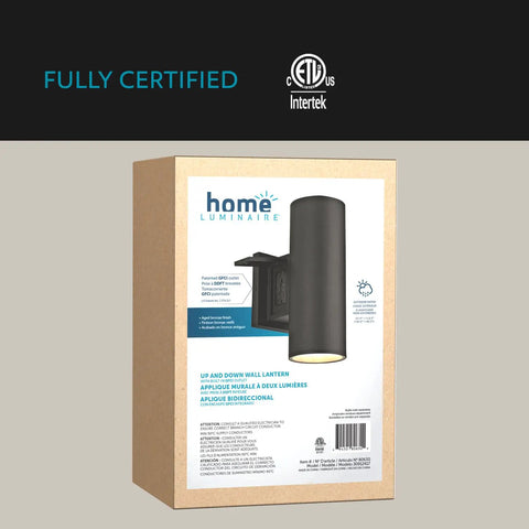 Packaging of Carter 2-Light Outdoor Wall Lantern With Built-In GFCI Outlet In Aged Bronze, showing product image and certifications.