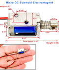 Tiny 12V Micro Push Pull Solenoid Electromagnet with 4mm stroke, depicted in hand for scale, showing wire length and metal build details.