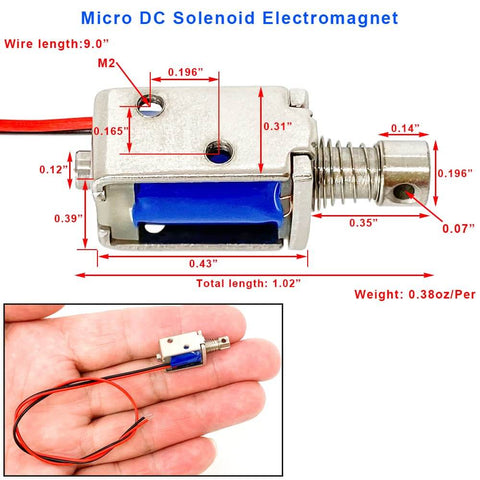 Tiny 12V Micro Push Pull Solenoid Electromagnet with 4mm stroke, depicted in hand for scale, showing wire length and metal build details.