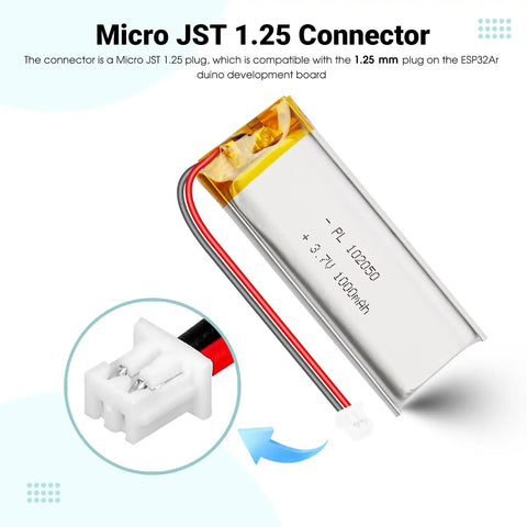 3.7V 1200mAh LiPo Battery Pack With PCM Protection 603450 Lithium Polymer Micro JST 1.25mm 2 Pin Connector detail view